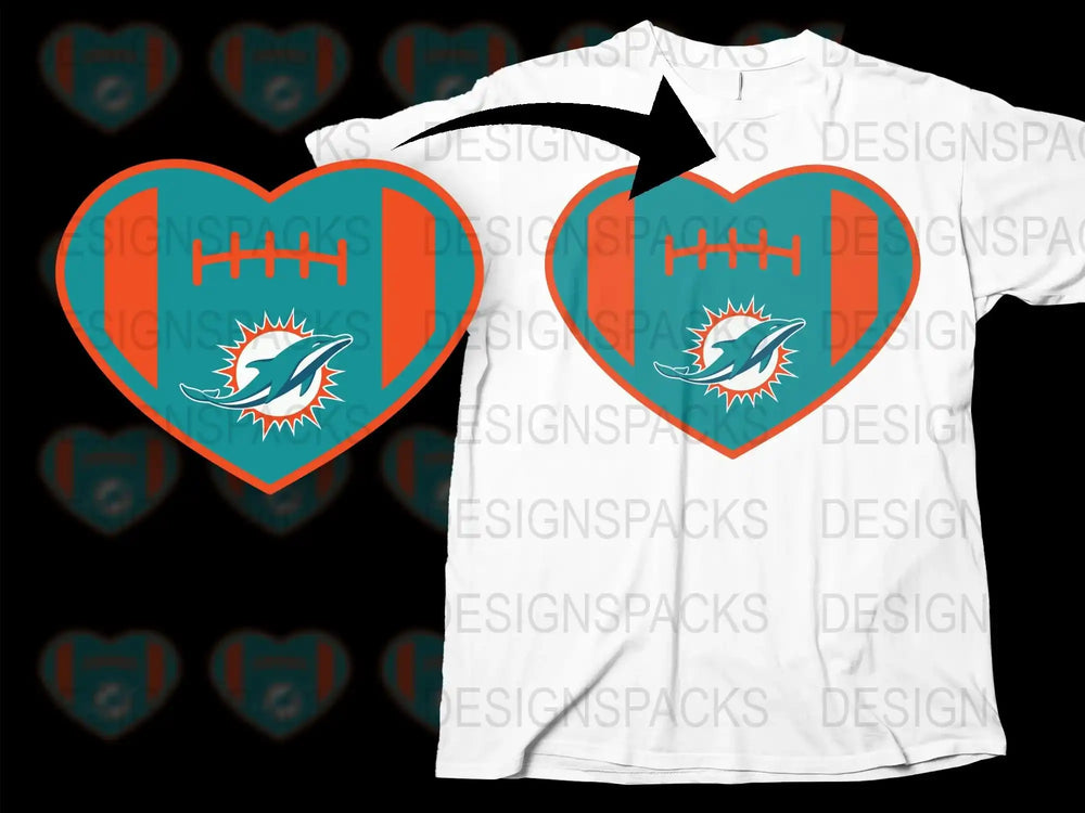 Miami Dolphins Heart T-shirt, NFL Football Fan Apparel, Turquoise and Orange Tee, Sports Team Support Wear, Unisex Clothing Gift