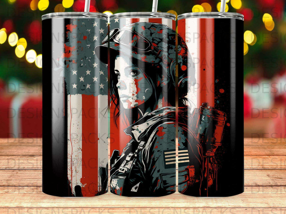 Woman in military gear with American flag background.