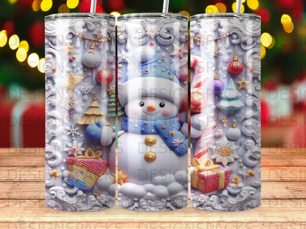 Festive snowman with candy canes, presents, and ornaments on a textured background.