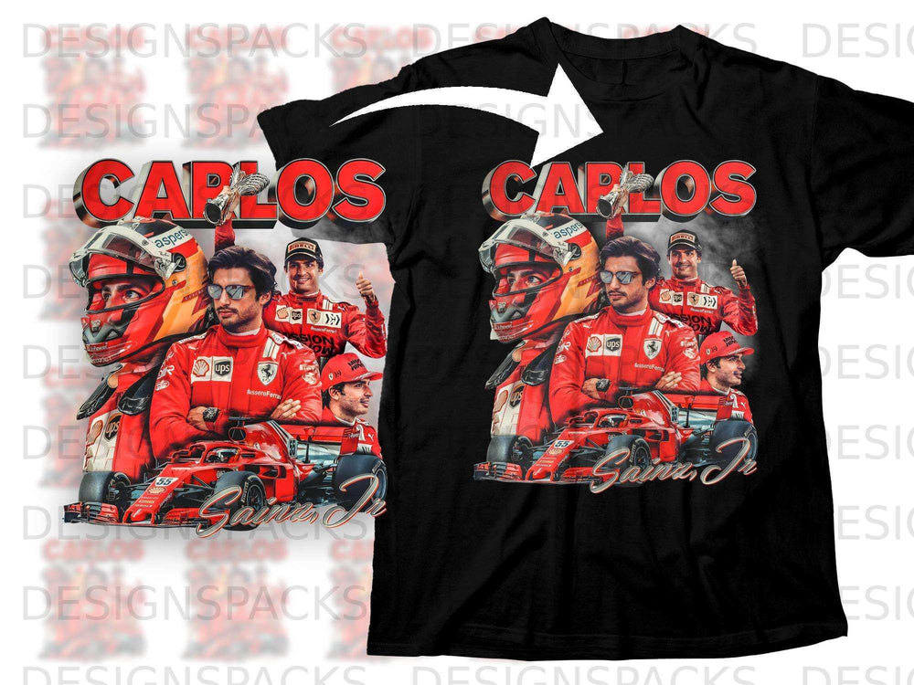Black t-shirt featuring Carlos Sainz Jr. with Ferrari Formula 1 car and logos.