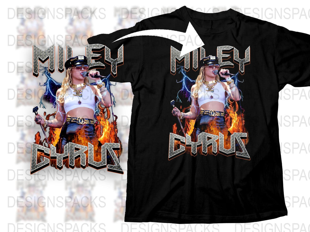 Miley Cyrus Graphic T-Shirt, Vintage Concert Tee, Flames Design, Pop Music Fan Apparel, Black Cotton Shirt, Gift for Music Lovers