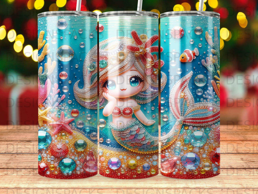 Mermaid with sparkly tail and seashells on colorful ocean background.