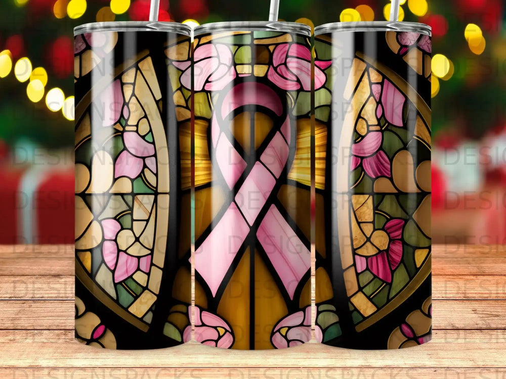 Stained glass design with pink ribbon on a tumbler.
