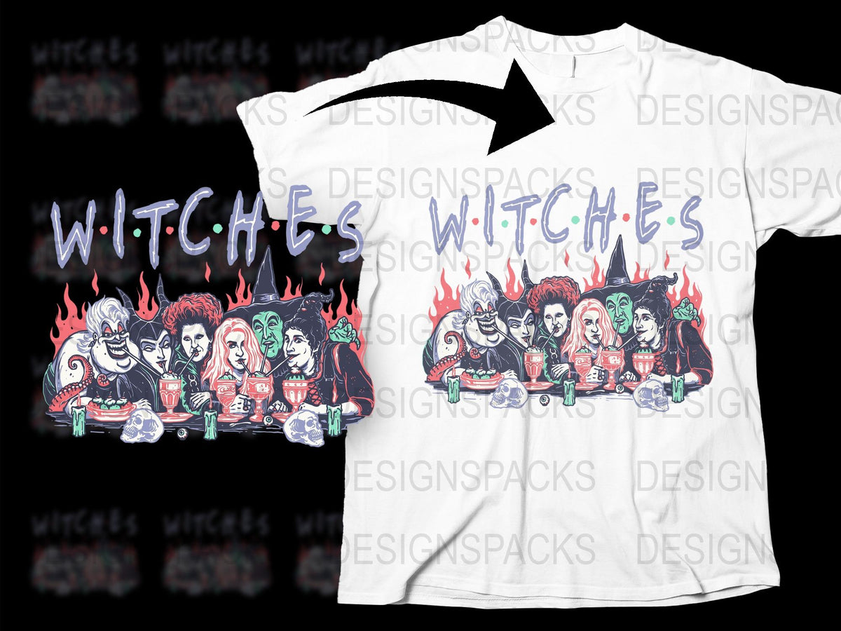 Witch Character Cartoon Graphic T-Shirt, Unique Halloween Group Design, Fun Party Wear White Tee