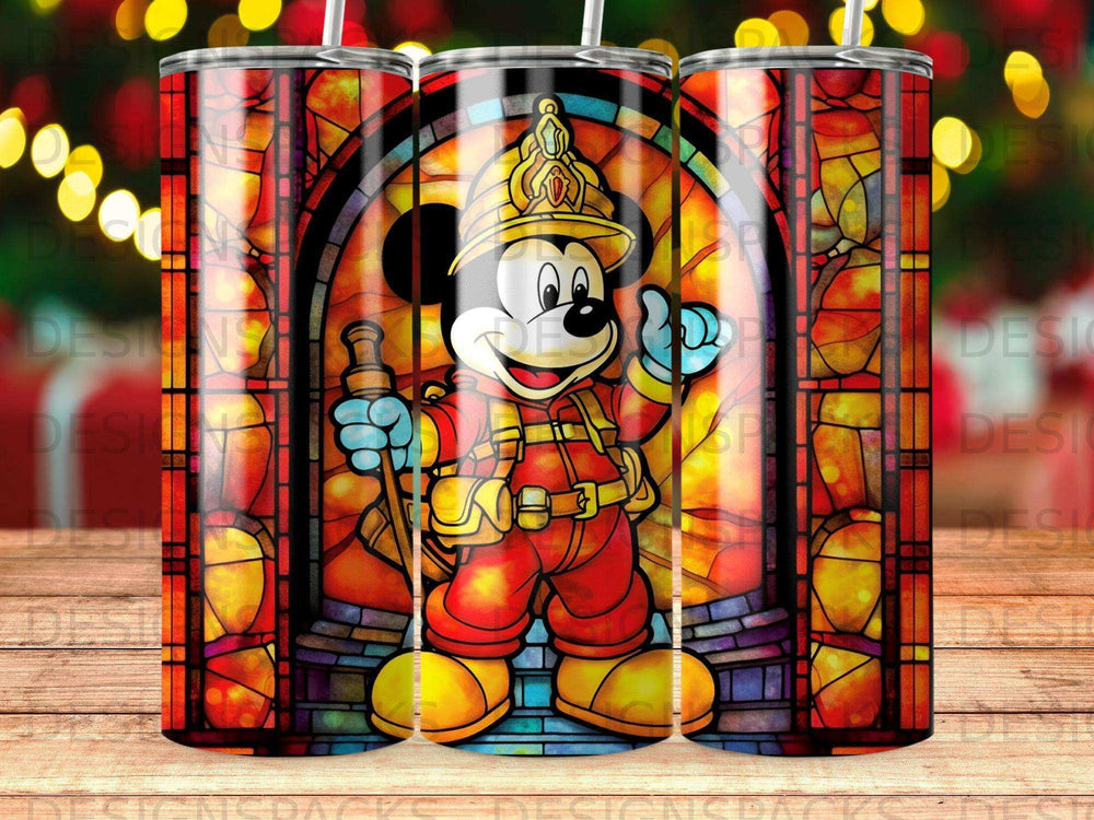 Mickey Mouse in firefighter gear against stained glass.