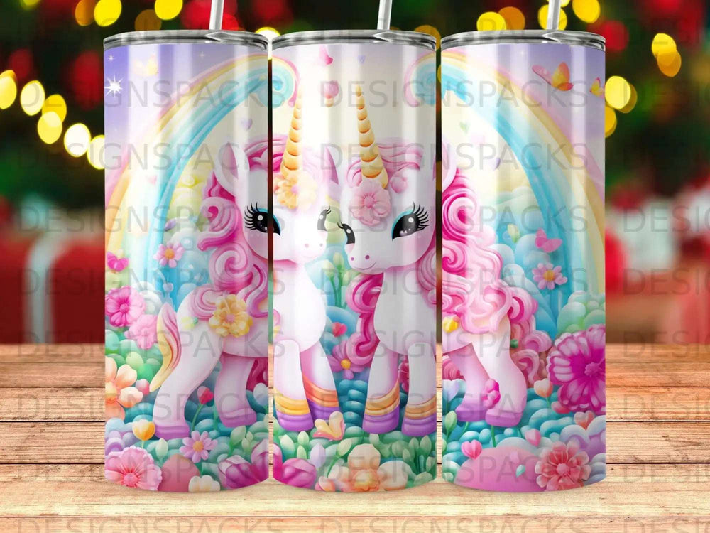 Pink unicorns with rainbow and floral patterns on a tumbler.