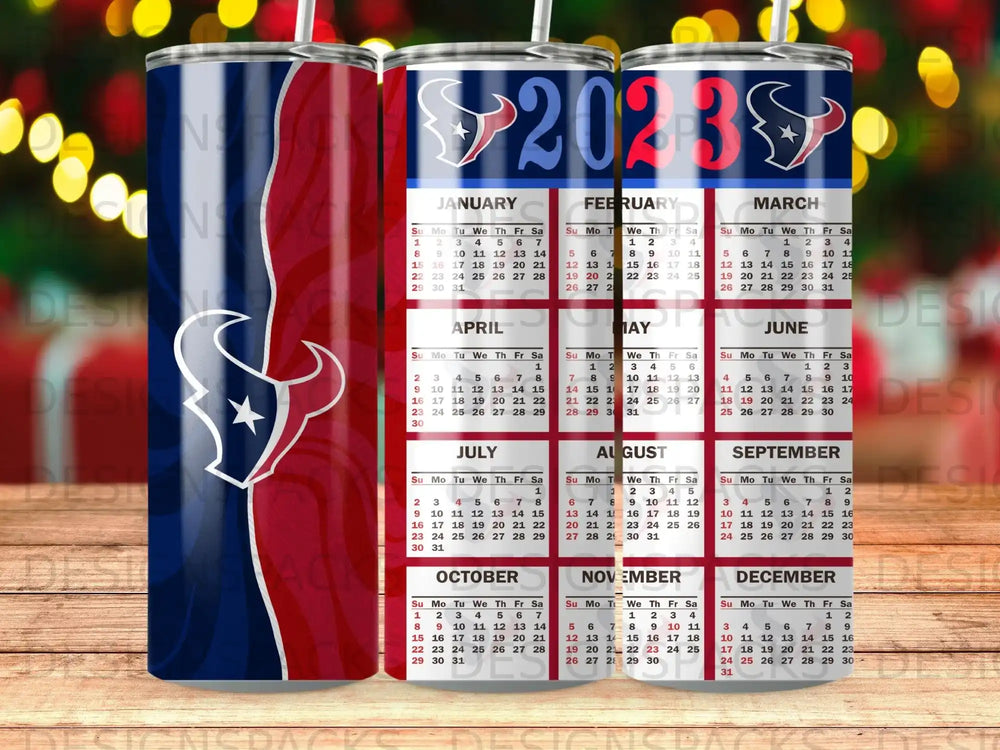 2023 calendar mug with Houston Texans logos and red, white, and blue stripes.