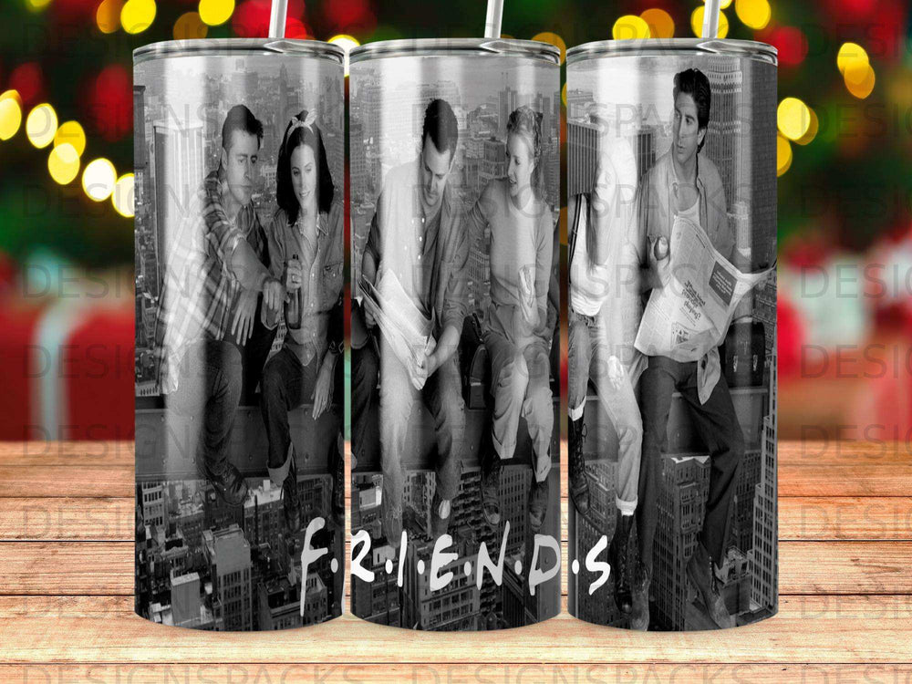 Friends logo with cast members sitting on a ledge overlooking a city.