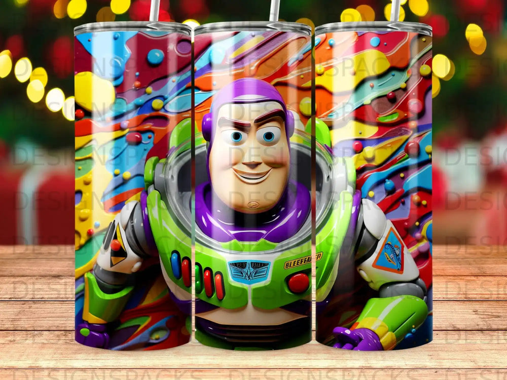 Buzz Lightyear character on a colorful, abstract background.