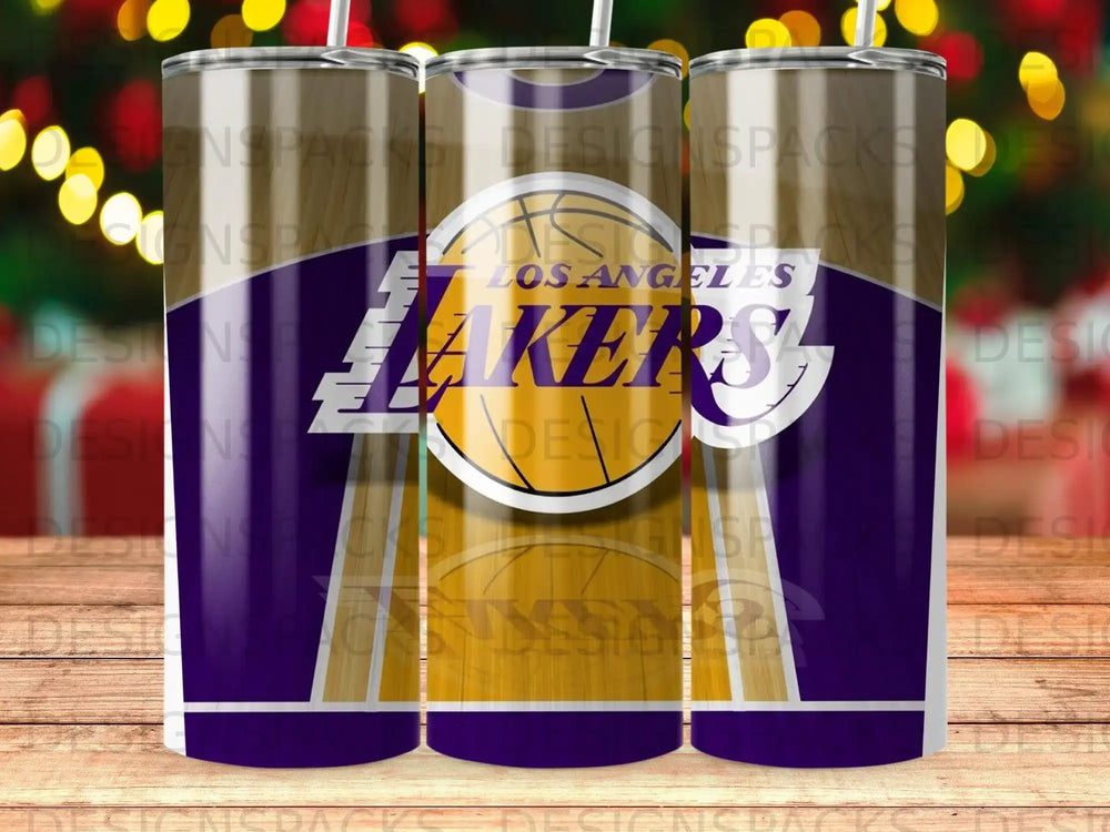 Los Angeles Lakers logo on a purple and gold tumbler.