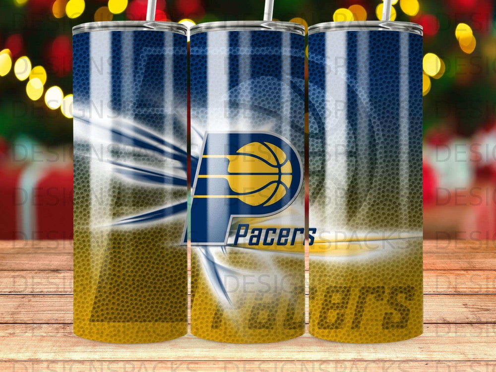 Indiana Pacers basketball team logo on a blue and yellow striped tumbler.