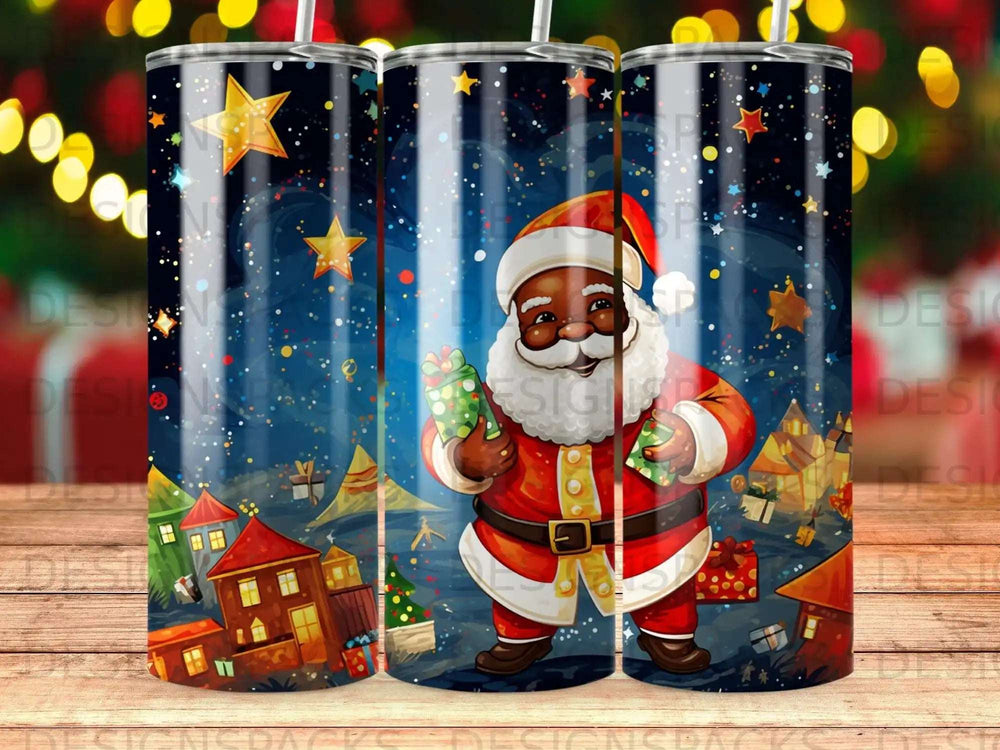 Santa Claus holding gifts in a snowy village with stars.