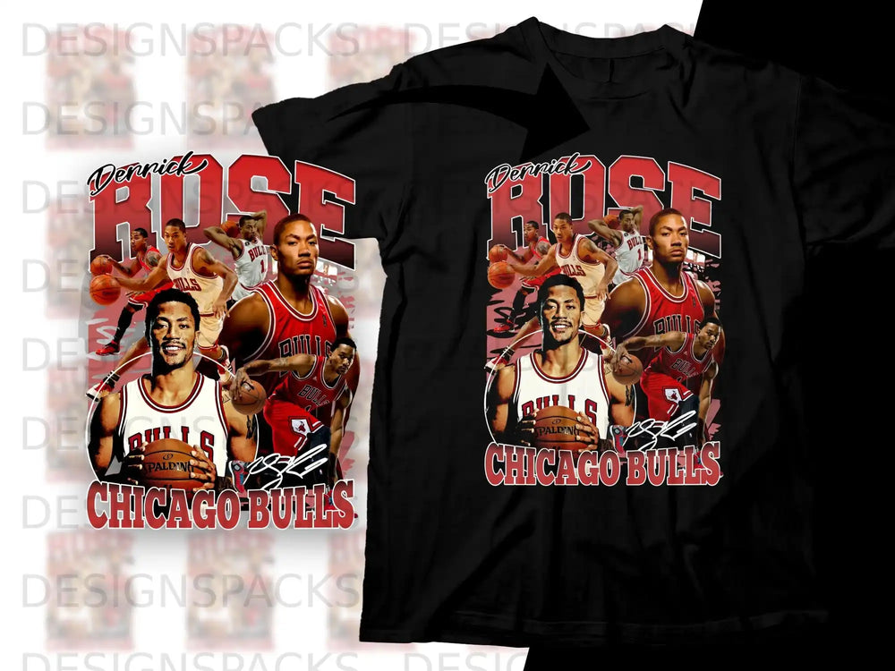 Derrick Rose Chicago Bulls basketball player collage on black t-shirt.