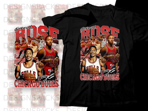 Derrick Rose Chicago Bulls basketball player collage on black t-shirt.