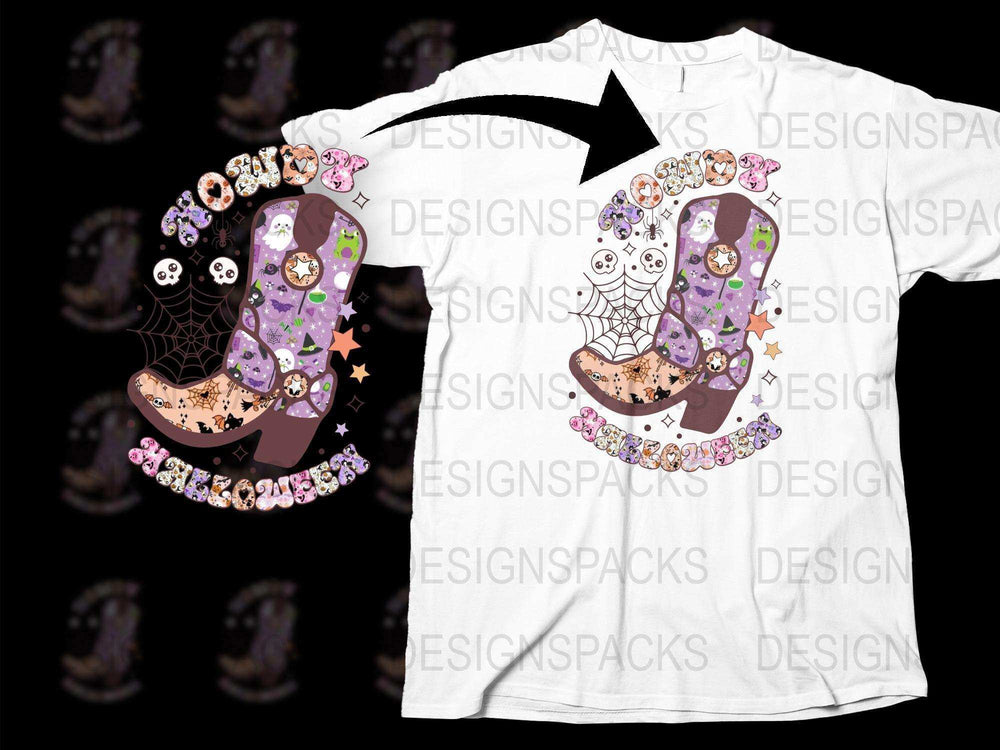 Halloween T-Shirt with Witch Boots and Ghosts, Sparkly Cute Spooky Tee for All Ages