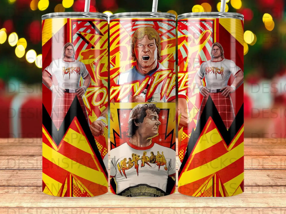 Wrestler on tumbler with "Hot Rod" text and tartan accents.