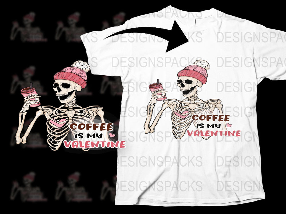 Coffee is My Valentine Skeleton Graphic T-Shirt, Funny Valentine's Day Tee, Skull and Coffee Cup Design, Unisex Casual Shirt