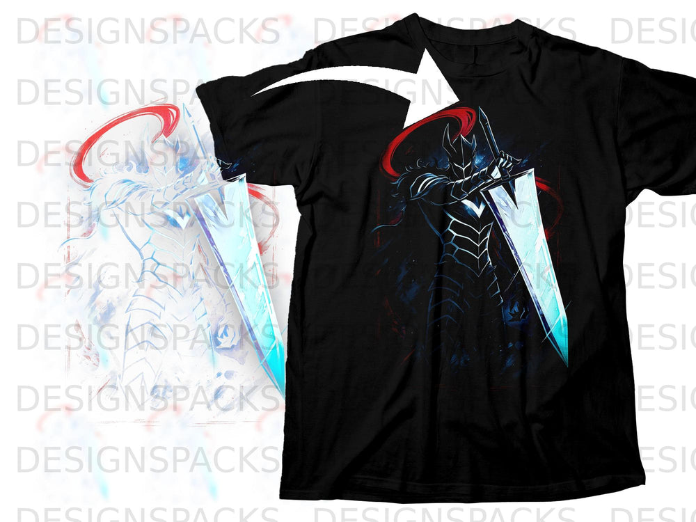 Black t-shirt with a knight in armor holding a glowing sword and shield.