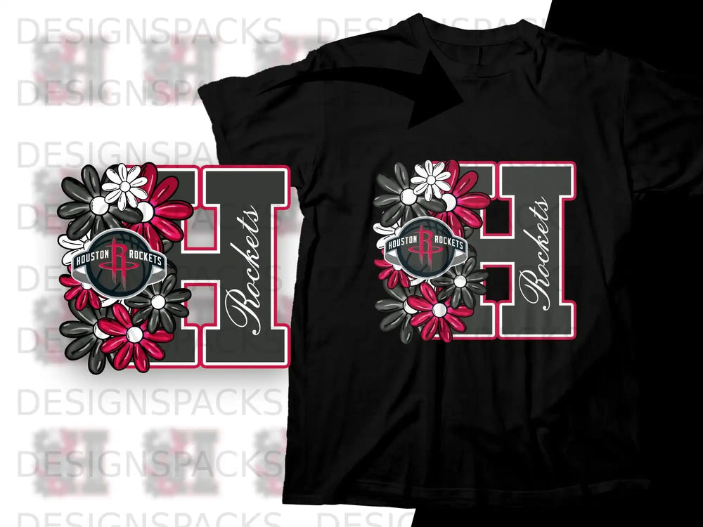 Houston Rockets logo with floral accents on black t-shirt.