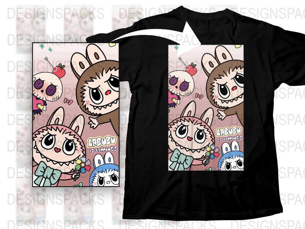 Cute Cartoon Animal T-Shirt, Kawaii Bear and Bunny Design, Unisex Black Tee, Fun Graphic Shirt for All Ages