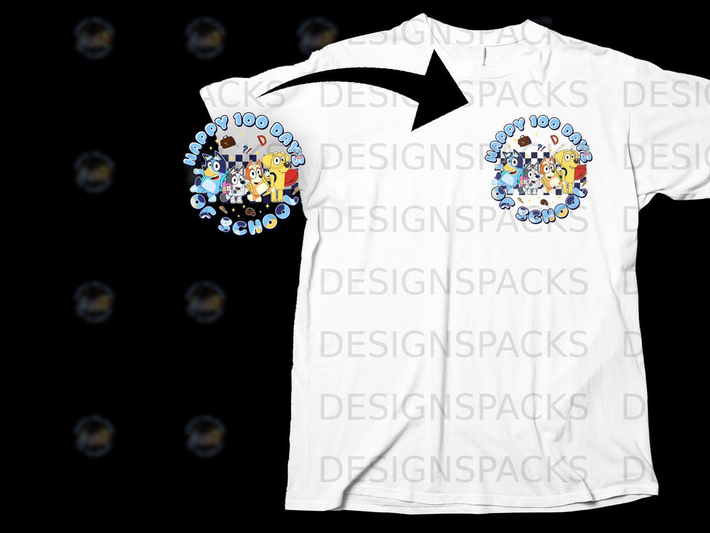 Bluey characters celebrate "Happy 100 Days of School" on a white t-shirt.