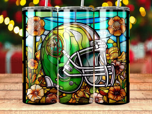 Green Bay Packers helmet design with floral and stained glass elements.