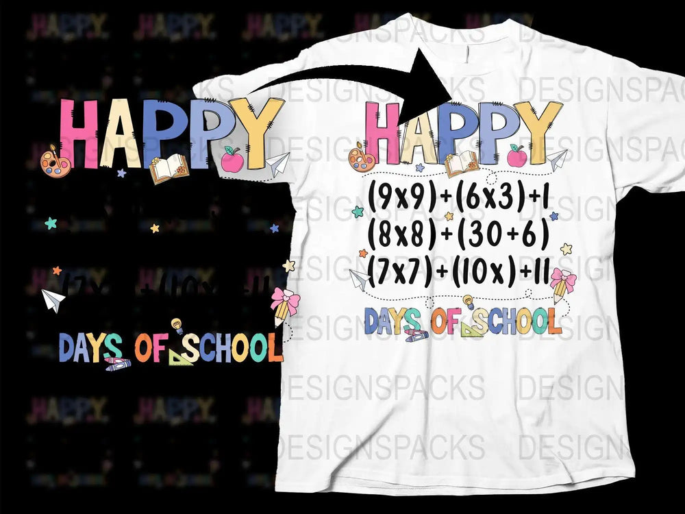 Happy 100 Days of School T-Shirt, Colorful Math Equations, Teacher Shirt, Student Celebration Tee, Fun Educational Apparel