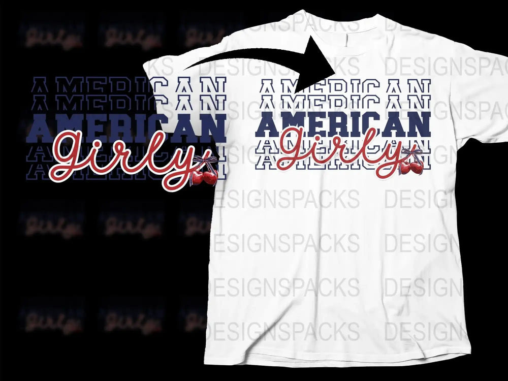 American Girl Typography T-Shirt, Red White Blue Patriotic Apparel, USA Graphic Tee for Women