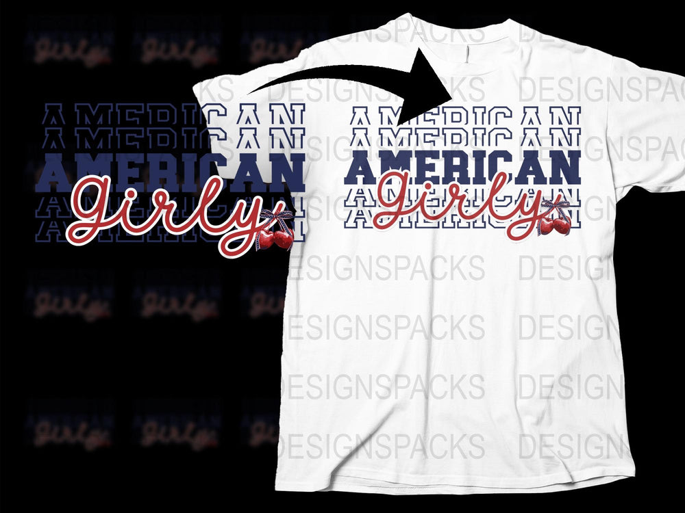 American Girl Typography T-Shirt, Red White Blue Patriotic Apparel, USA Graphic Tee for Women