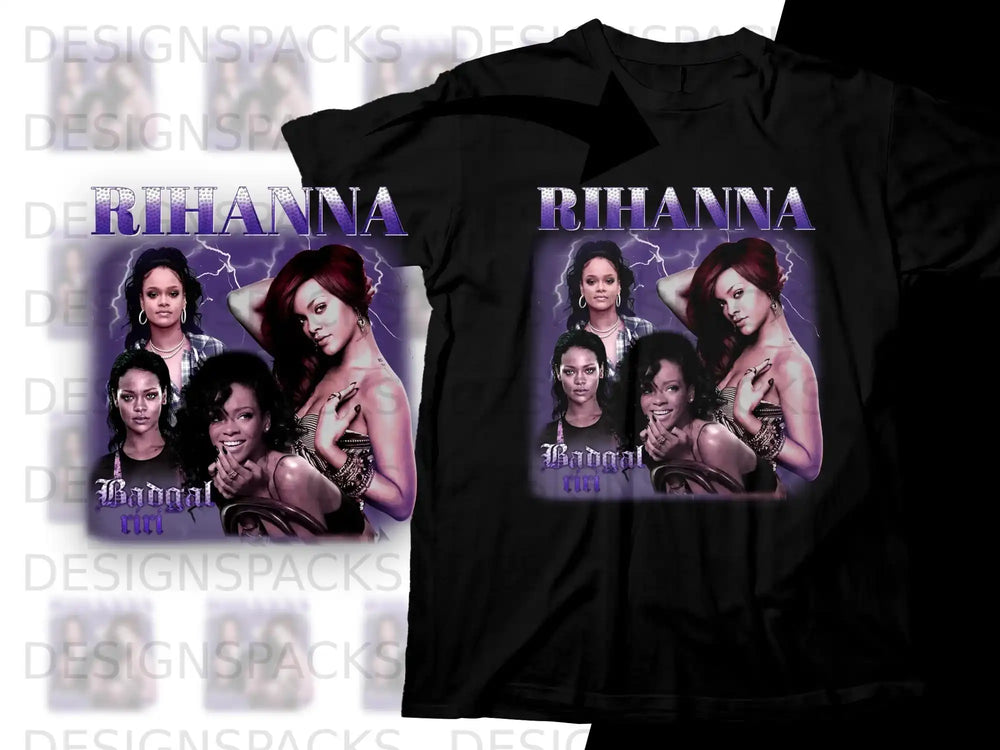Black t-shirt with Rihanna graphic, featuring "Badgal Riri" text.