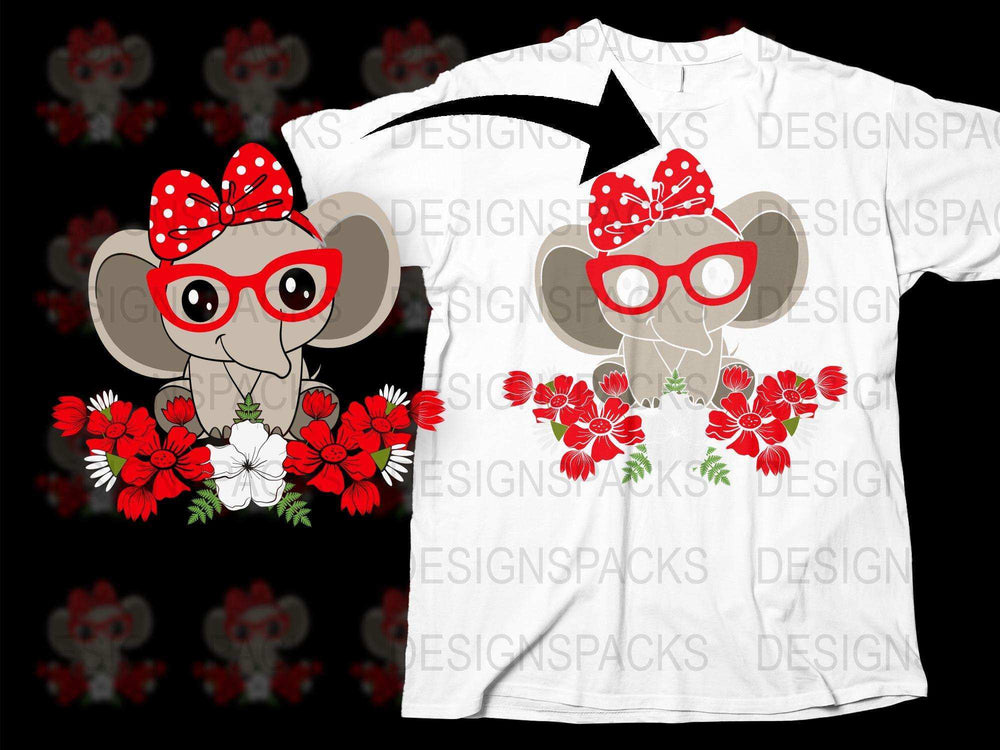 Cute Cartoon Elephant T-Shirt with Red Flowers and Polka Dot Bow, Kids Animal Graphic Tee, Unisex Children's Clothing