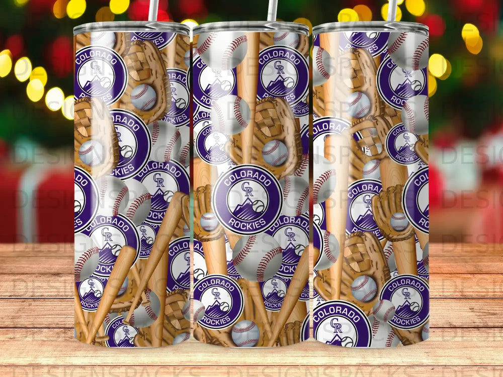 Colorado Rockies baseball pattern on tumbler with glove and ball.