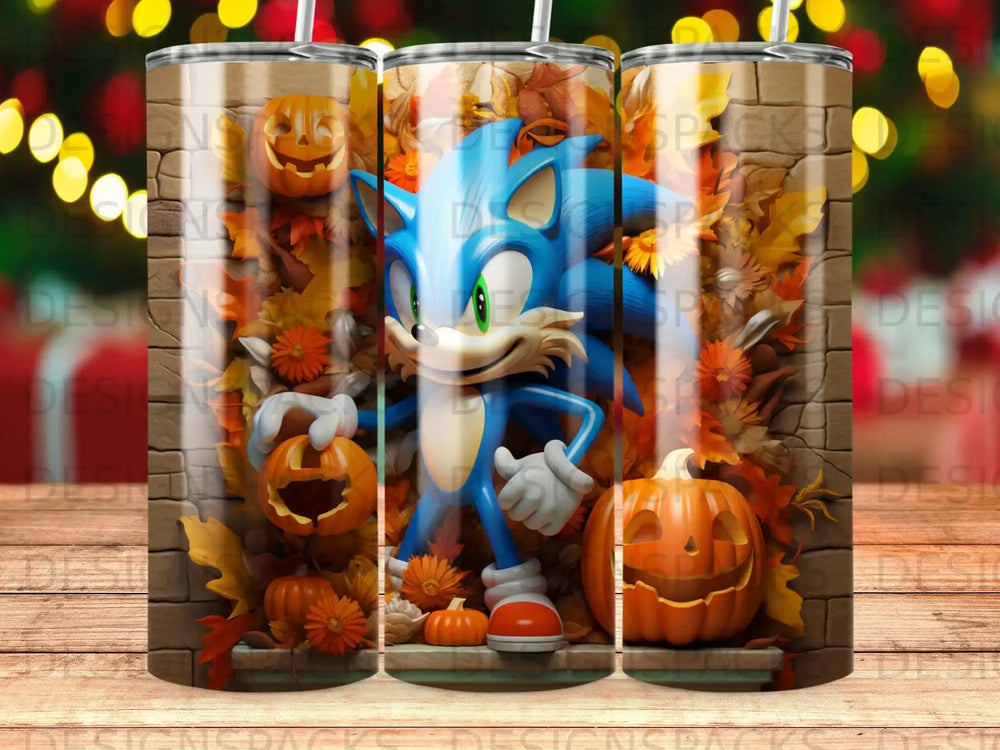 Sonic the Hedgehog holding a pumpkin with autumn leaves and spooky Halloween decor.