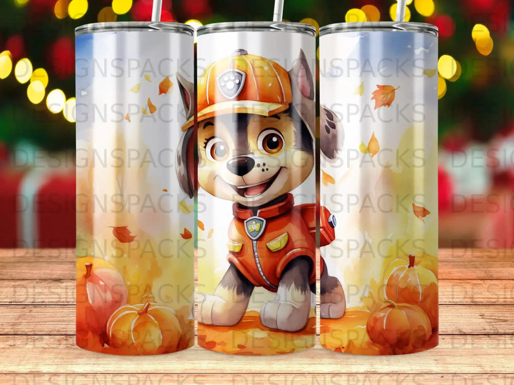Marshall the firefighter dog from Paw Patrol with pumpkins.