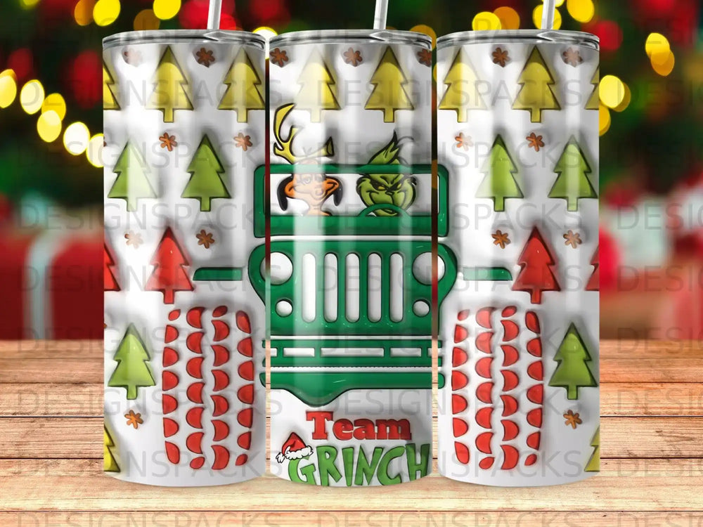 Green jeep with Grinch theme and holiday trees.