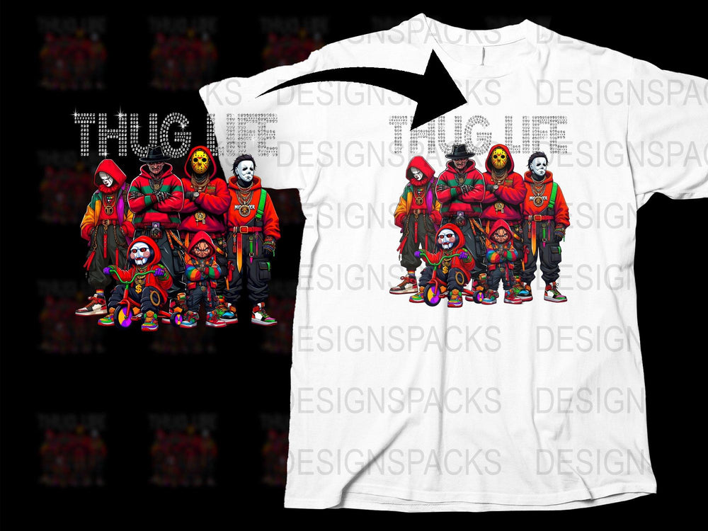 Thug Life Cartoon Characters Graphic T-Shirt, Colorful Hip Hop Streetwear, Urban Style Clothing, Unique Bold Print Tee