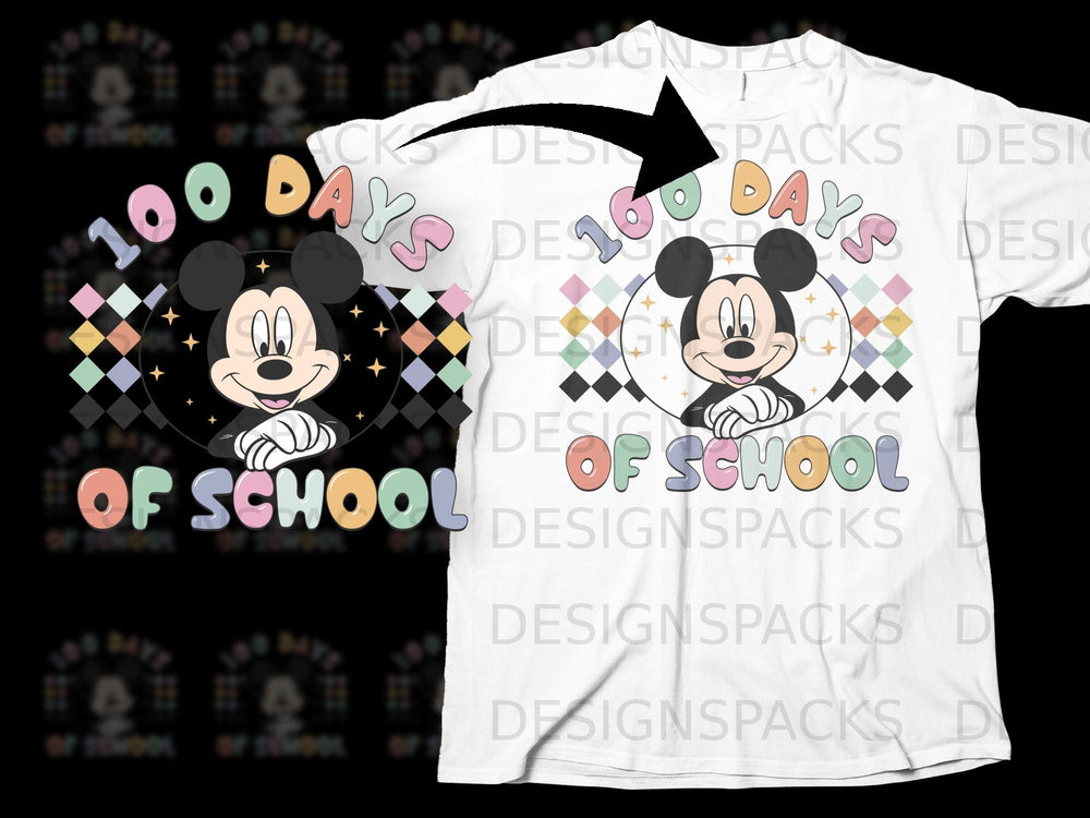 Mickey Mouse celebrates "100 Days of School" with colorful text and geometric patterns.