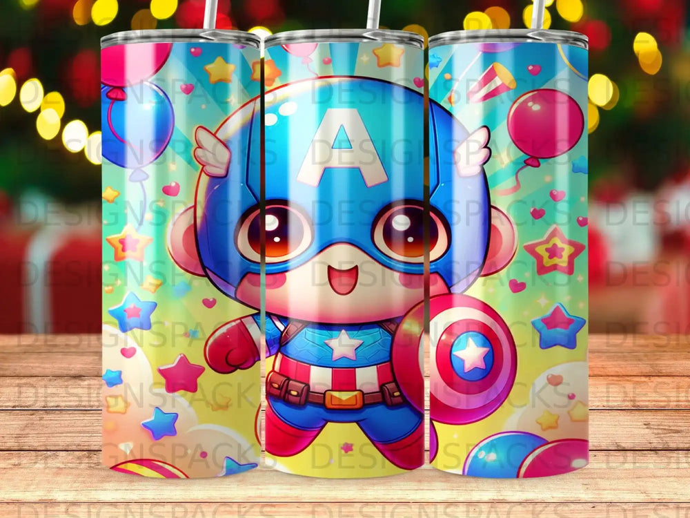 Chibi Captain America character with shield and mask, on striped background.