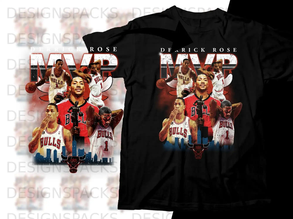 Derrick Rose collage on black t-shirt, featuring multiple action shots and "MVP" text.