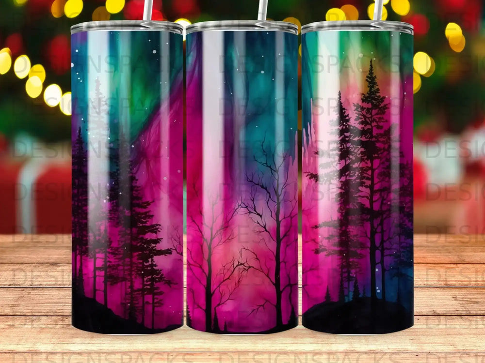 Bare trees silhouetted against a vibrant aurora borealis sky on a tumbler.