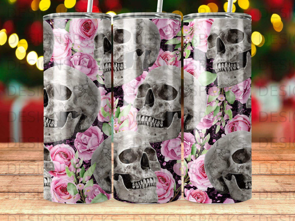 Skulls and pink roses pattern on a tumbler.