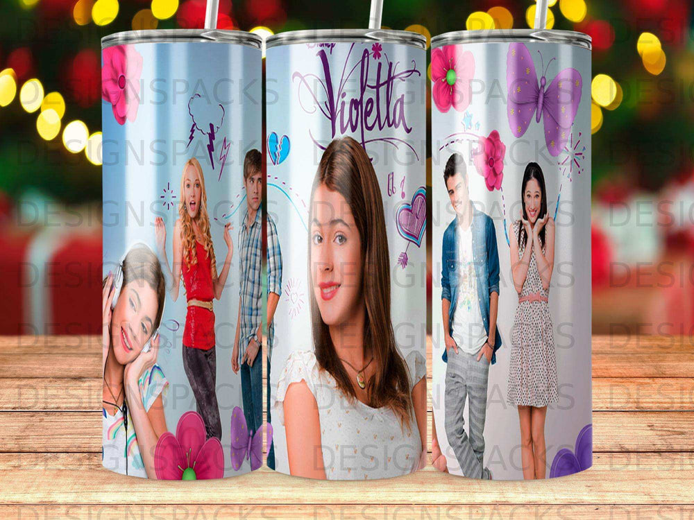 Violetta characters on a tumbler with purple butterflies and lights.