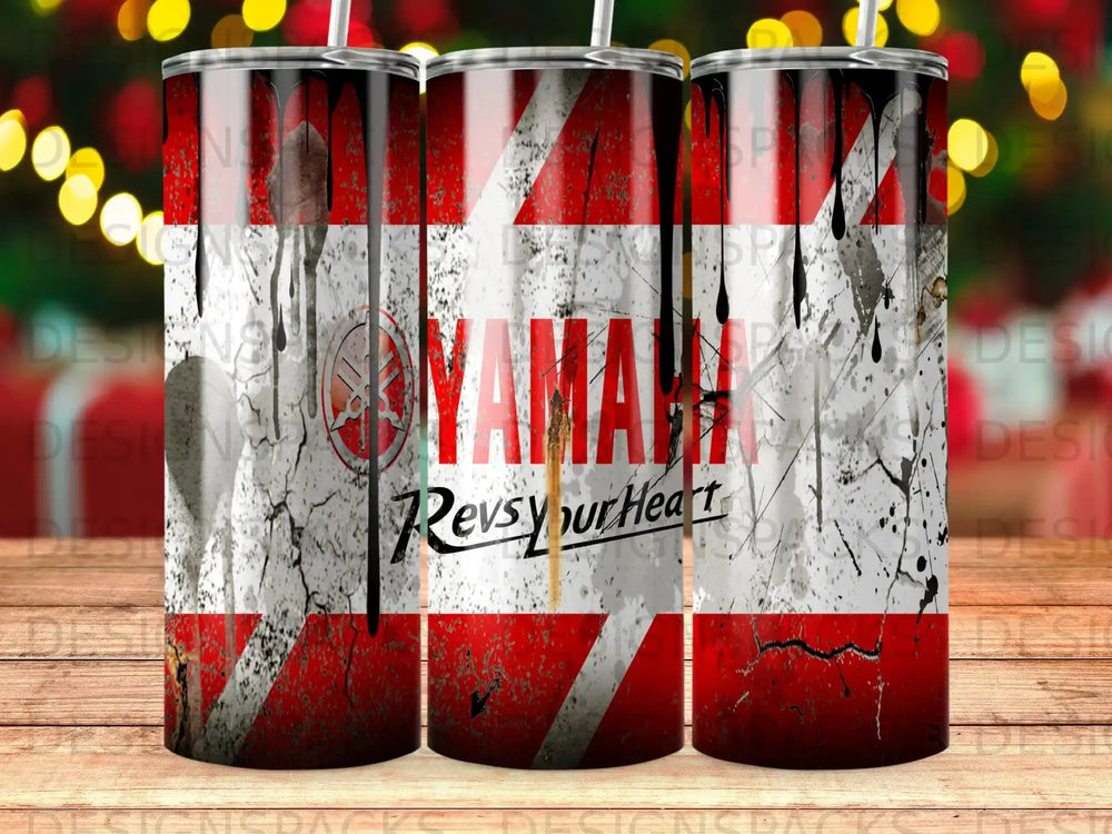 Yamaha logo on distressed red and white grunge background, two cups.