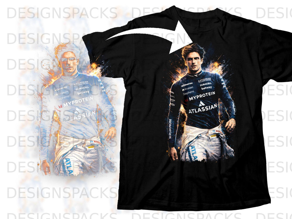 Black t-shirt featuring a watercolor-style portrait of a racing driver with sponsor logos.