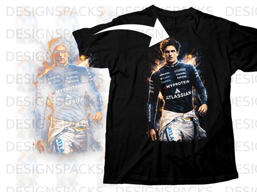 Black t-shirt featuring a watercolor-style portrait of a racing driver with sponsor logos.