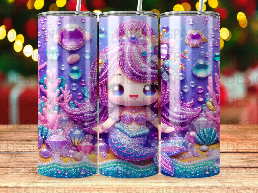 Mermaid with purple hair and a blue tail on a sparkly ocean background.