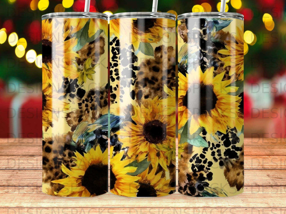 Sunflower and leopard print tumbler with bokeh background.