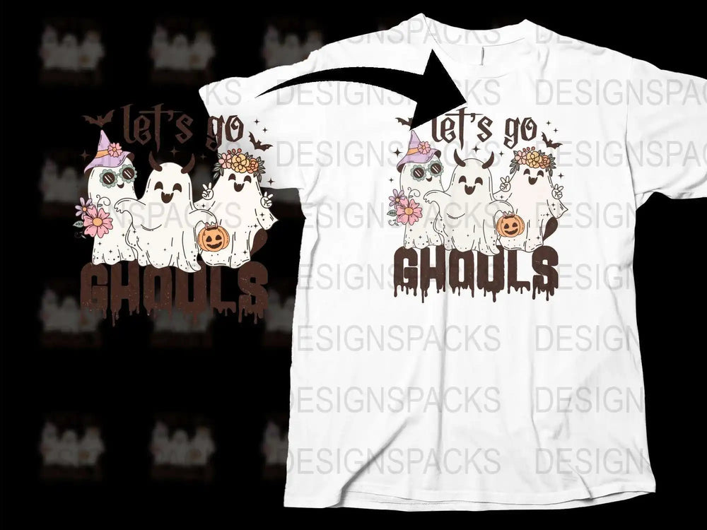 Let's Go Ghouls Halloween T-Shirt, Cute Ghosts with Pumpkins, Fall Festival Tee, Spooky Kids and Adult Sizes
