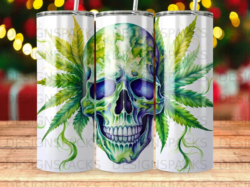 Green skull with marijuana leaves on a white tumbler.