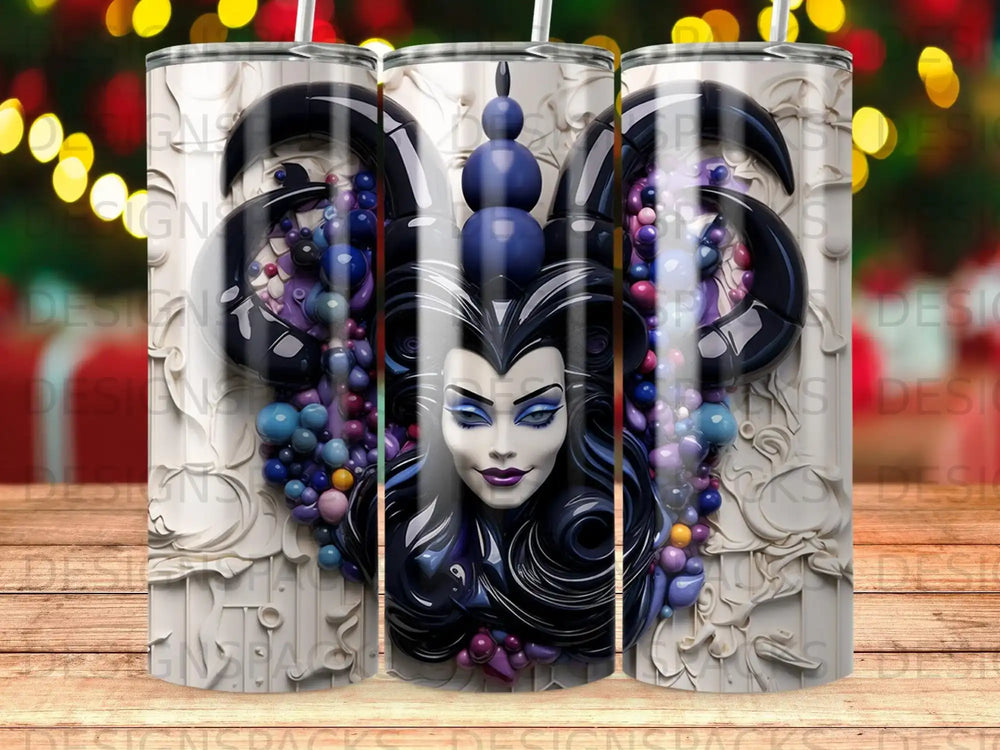 Villainess with purple hair and blue eyes surrounded by colorful orbs on a textured background.